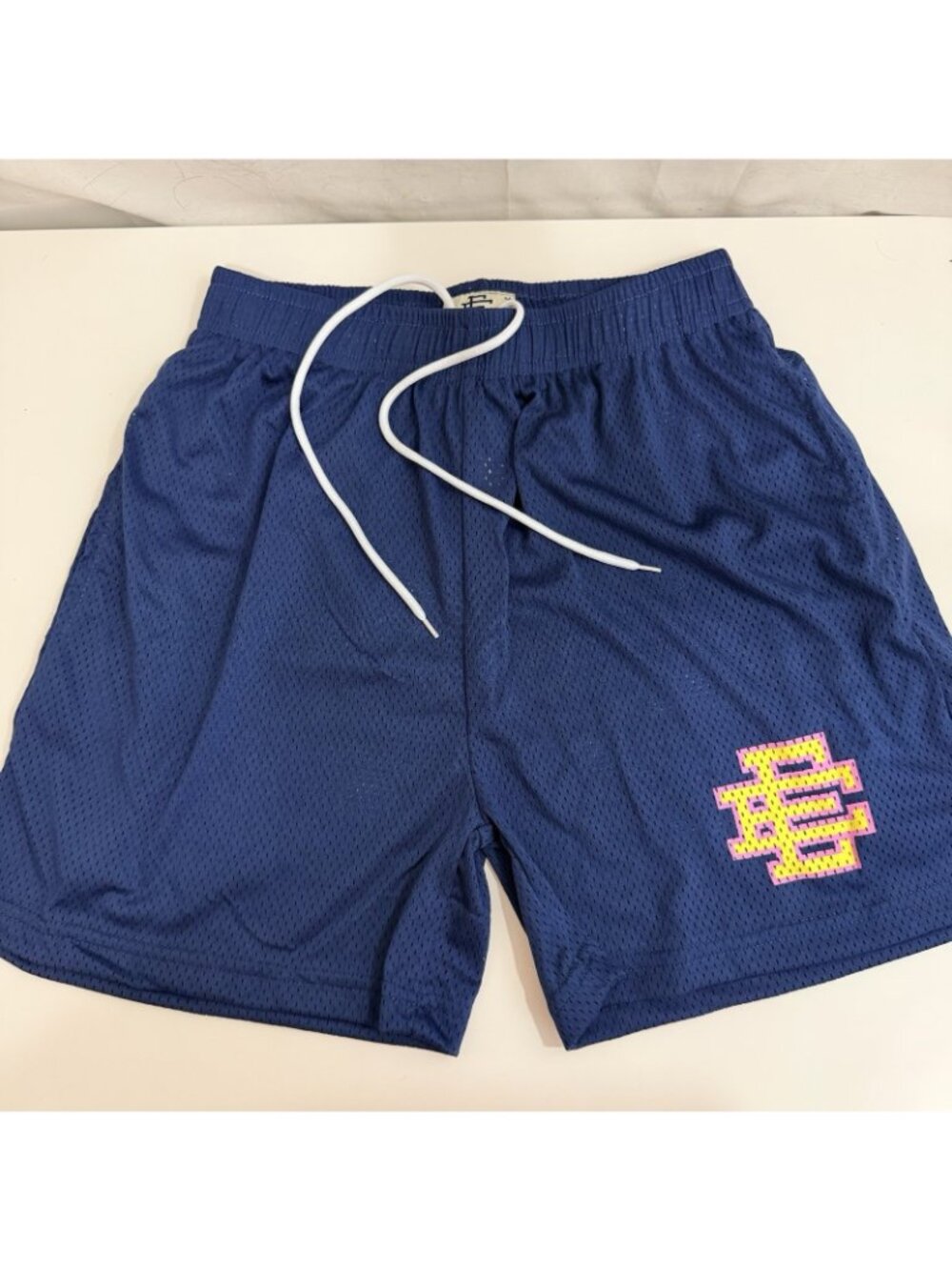 Men's Basic Pink/Yellow Logo Casual Navy Mesh Basketball Shorts Med